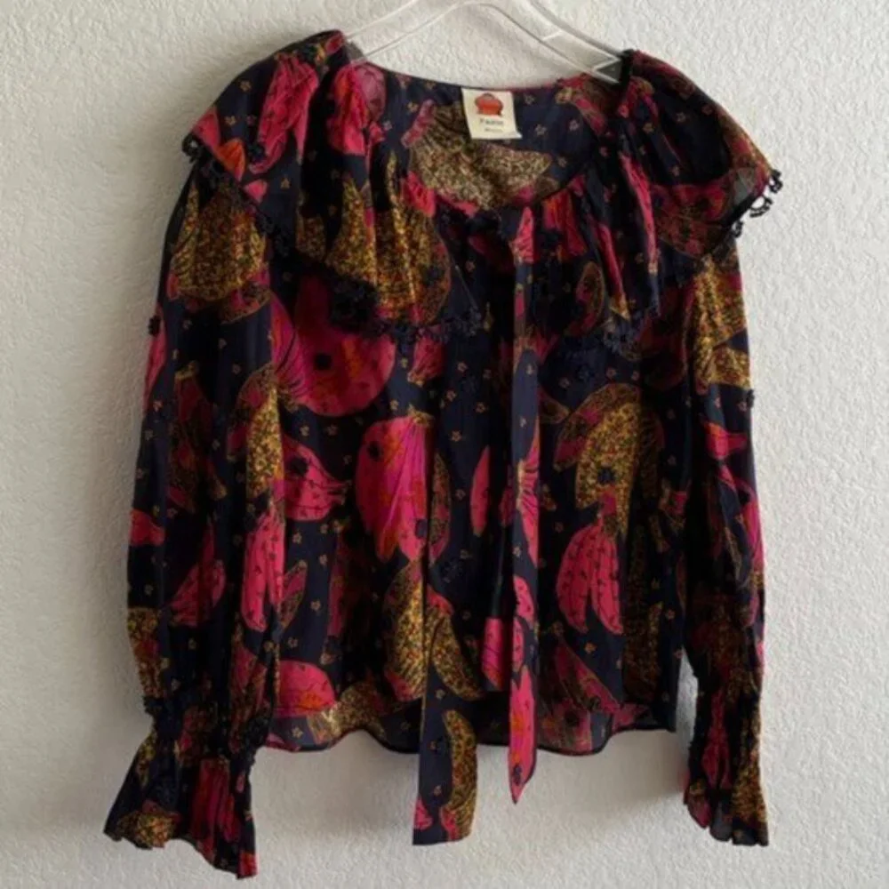 Farm Rio Tropical Print Ruffle Tie Front Cotton Blouse - Picture 3 of 5